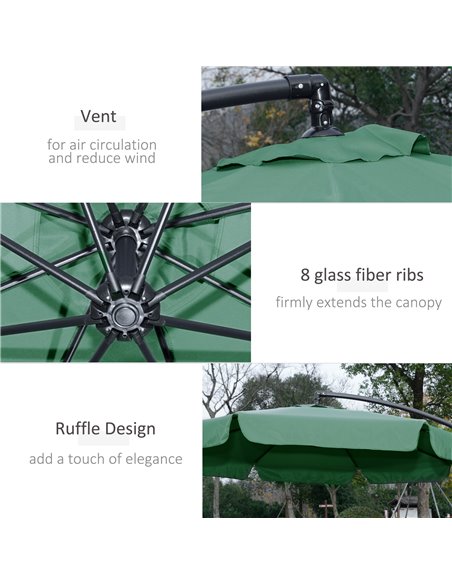 Outsunny 2.7m Garden Parasol Cantilever Umbrella with Crank Handle and Cross Base for Outdoor, Hanging Sun Shade, Green  84D-161 - pic 49953 | FastDaddyshop