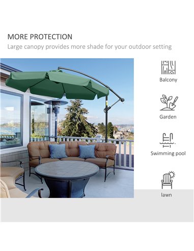 Outsunny 2.7m Garden Parasol Cantilever Umbrella with Crank Handle and Cross Base for Outdoor, Hanging Sun Shade, Green  84D-161