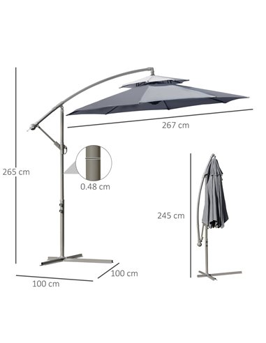 Outsunny 2.7m Garden Banana Parasol Cantilever Umbrella with Crank Handle, Double Tier Canopy and Cross Base for Outdoor, Hangin