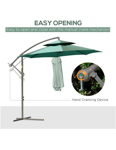 Outsunny 2.7m Banana Parasol Cantilever Umbrella with Crank Handle , Double Tier Canopy and Cross Base for Outdoor, Hanging Sun 