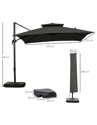 Outsunny 3 x 3(m) Garden Cantilever Roma Parasol with Crank and Tilt, Square Overhanging Patio Umbrella with 360° Rotation, Sun 