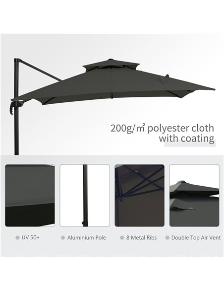 Outsunny 3 x 3(m) Garden Cantilever Roma Parasol with Crank and Tilt, Square Overhanging Patio Umbrella with 360° Rotation, Sun  - pic 50016 | FastDaddyshop