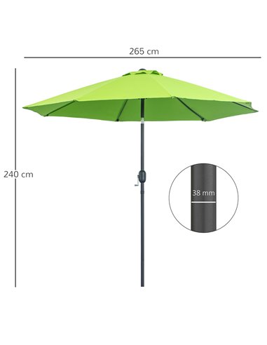 Outsunny 2.7M Patio Parasol Sun Umbrella, Tilt Shade Shelter Canopy with Crank 8 Ribs Aluminium Frame, Light Green 84D-023YG