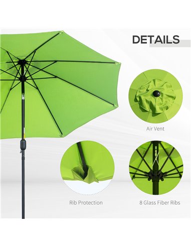 Outsunny 2.7M Patio Parasol Sun Umbrella, Tilt Shade Shelter Canopy with Crank 8 Ribs Aluminium Frame, Light Green 84D-023YG