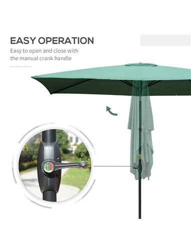 Outsunny 2 x 3m Rectangular Market Umbrella Patio Outdoor Table Umbrellas with Crank & Push Button Tilt, Green 84D-158GN