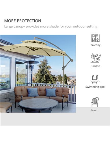 Outsunny 2.7m Garden Banana Parasol Cantilever Umbrella with Crank Handle, Double Tier Canopy and Cross Base for Outdoor, Hangin
