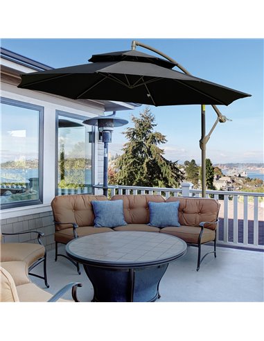 Outsunny 2.7m Banana Parasol Cantilever Umbrella with Crank Handle , Double Tier Canopy and Cross Base for Outdoor, Hanging Sun 