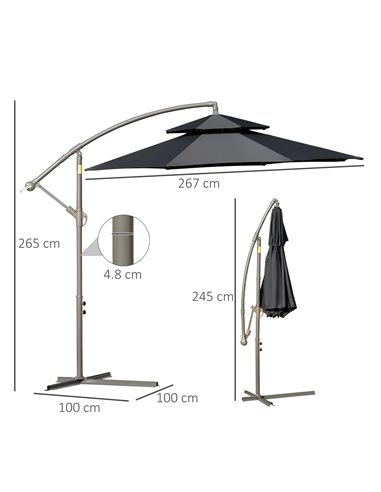 Outsunny 2.7m Banana Parasol Cantilever Umbrella with Crank Handle , Double Tier Canopy and Cross Base for Outdoor, Hanging Sun 