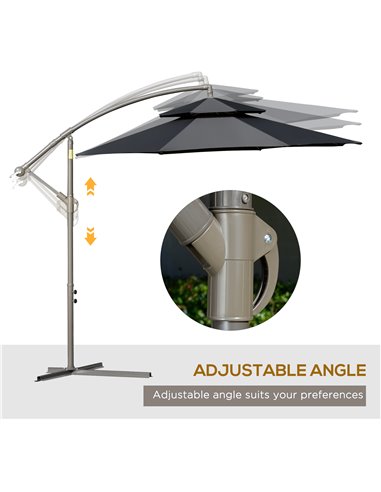 Outsunny 2.7m Banana Parasol Cantilever Umbrella with Crank Handle , Double Tier Canopy and Cross Base for Outdoor, Hanging Sun 