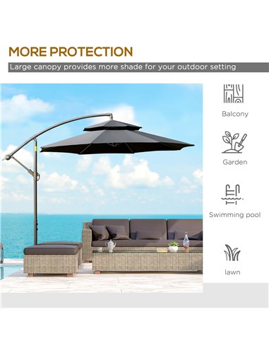 Outsunny 2.7m Banana Parasol Cantilever Umbrella with Crank Handle , Double Tier Canopy and Cross Base for Outdoor, Hanging Sun 