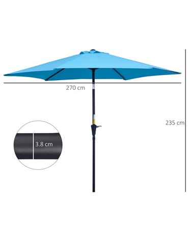 Outsunny 2.7M Patio Tilt Umbrella Sun Parasol Outdoor Garden Sun Shade Aluminium Frame with Crank（Blue） 84D-032BU