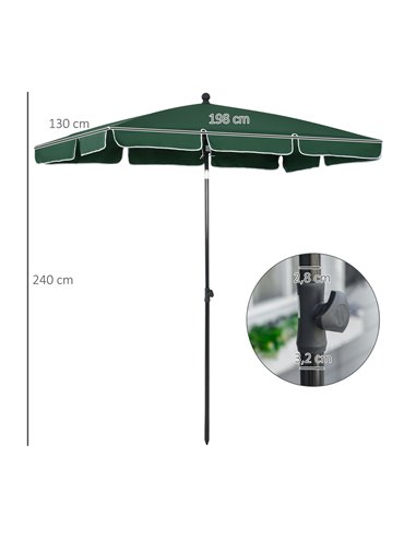 Outsunny Aluminium Sun Umbrella Parasol Patio Garden Rectangular Tilt 2M x 1.25M Green 84D-016GN