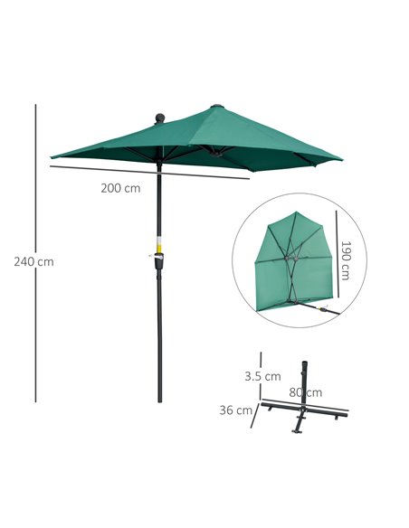 Outsunny 2m Half Parasol Market Umbrella Garden Balcony Parasol with Crank Handle, Cross Base, Double-Sided Canopy, Dark Green 8 - pic 50166 | FastDaddyshop