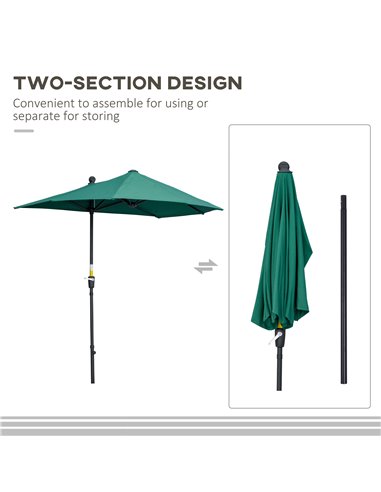 Outsunny 2m Half Parasol Market Umbrella Garden Balcony Parasol with Crank Handle, Cross Base, Double-Sided Canopy, Dark Green 8