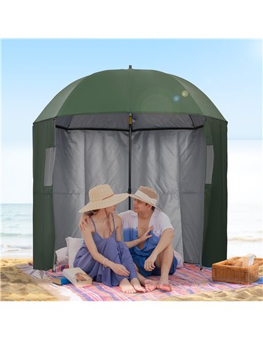 Outsunny 2m Beach Parasol Fishing Umbrella Brolly with Sides and Push Botton Tilt Sun Shade Shelter with Carry Bag, UV30+, Green