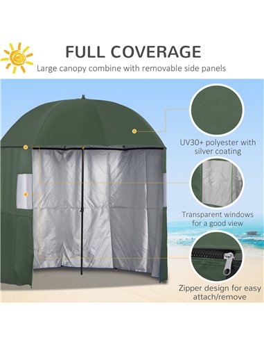 Outsunny 2m Beach Parasol Fishing Umbrella Brolly with Sides and Push Botton Tilt Sun Shade Shelter with Carry Bag, UV30+, Green