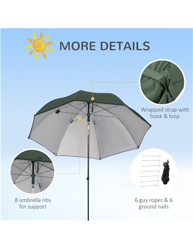 Outsunny 2m Beach Parasol Fishing Umbrella Brolly with Sides and Push Botton Tilt Sun Shade Shelter with Carry Bag, UV30+, Green