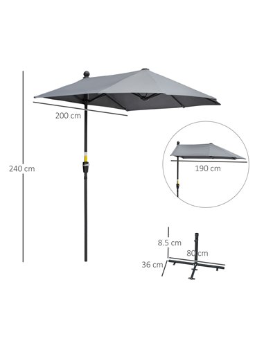 Outsunny 2m Half Parasol Market Umbrella Garden Balcony Parasol with Crank Handle, Cross Base, Double-Sided Canopy, Dark Grey 84