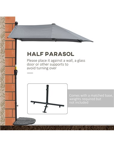 Outsunny 2m Half Parasol Market Umbrella Garden Balcony Parasol with Crank Handle, Cross Base, Double-Sided Canopy, Dark Grey 84