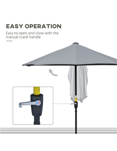 Outsunny 2m Half Parasol Market Umbrella Garden Balcony Parasol with Crank Handle, Cross Base, Double-Sided Canopy, Dark Grey 84