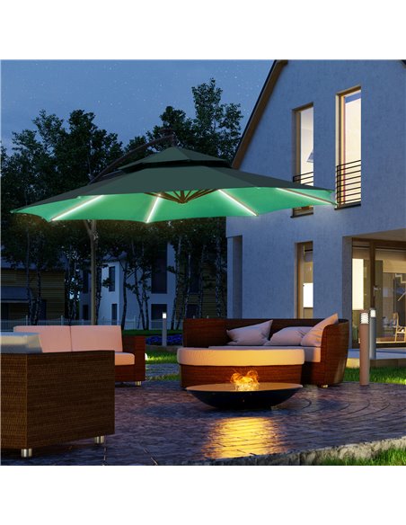 Outsunny 3(m) Cantilever Parasol Banana Hanging Umbrella with Double Roof, LED Solar lights, Crank, 8 Sturdy Ribs and Cross Base - pic 50210 | FastDaddyshop