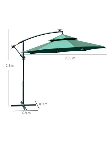 Outsunny 3(m) Cantilever Parasol Banana Hanging Umbrella with Double Roof, LED Solar lights, Crank, 8 Sturdy Ribs and Cross Base