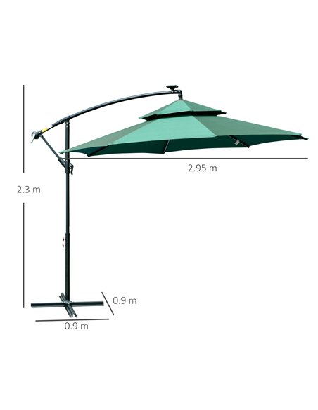 Outsunny 3(m) Cantilever Parasol Banana Hanging Umbrella with Double Roof, LED Solar lights, Crank, 8 Sturdy Ribs and Cross Base - pic 50211 | FastDaddyshop