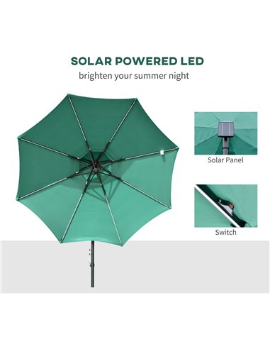 Outsunny 3(m) Cantilever Parasol Banana Hanging Umbrella with Double Roof, LED Solar lights, Crank, 8 Sturdy Ribs and Cross Base