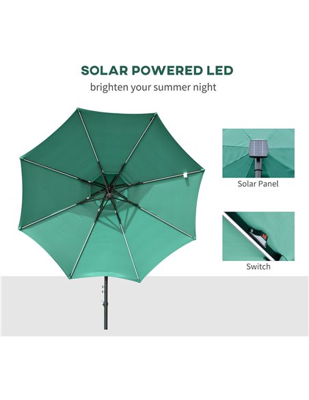 Outsunny 3(m) Cantilever Parasol Banana Hanging Umbrella with Double Roof, LED Solar lights, Crank, 8 Sturdy Ribs and Cross Base - pic 50212 | FastDaddyshop