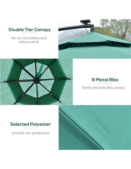 Outsunny 3(m) Cantilever Parasol Banana Hanging Umbrella with Double Roof, LED Solar lights, Crank, 8 Sturdy Ribs and Cross Base - pic 50213 | FastDaddyshop
