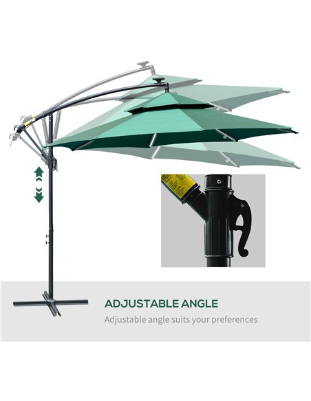 Outsunny 3(m) Cantilever Parasol Banana Hanging Umbrella with Double Roof, LED Solar lights, Crank, 8 Sturdy Ribs and Cross Base - pic 50214 | FastDaddyshop