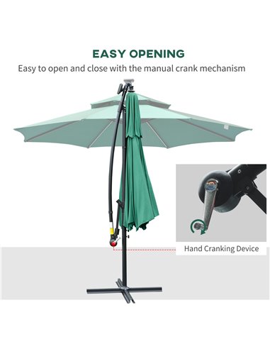 Outsunny 3(m) Cantilever Parasol Banana Hanging Umbrella with Double Roof, LED Solar lights, Crank, 8 Sturdy Ribs and Cross Base
