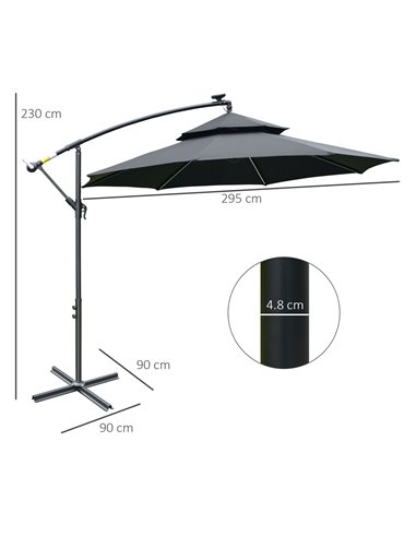 Outsunny 3(m) Cantilever Banana Parasol Hanging Umbrella with Double Roof, LED Solar lights, Crank, 8 Sturdy Ribs and Cross Base