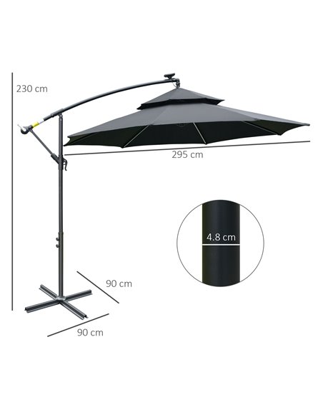 Outsunny 3(m) Cantilever Banana Parasol Hanging Umbrella with Double Roof, LED Solar lights, Crank, 8 Sturdy Ribs and Cross Base - pic 50220 | FastDaddyshop