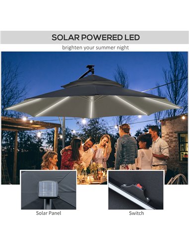 Outsunny 3(m) Cantilever Banana Parasol Hanging Umbrella with Double Roof, LED Solar lights, Crank, 8 Sturdy Ribs and Cross Base