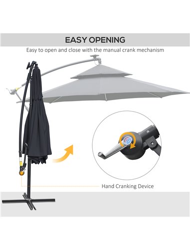 Outsunny 3(m) Cantilever Banana Parasol Hanging Umbrella with Double Roof, LED Solar lights, Crank, 8 Sturdy Ribs and Cross Base