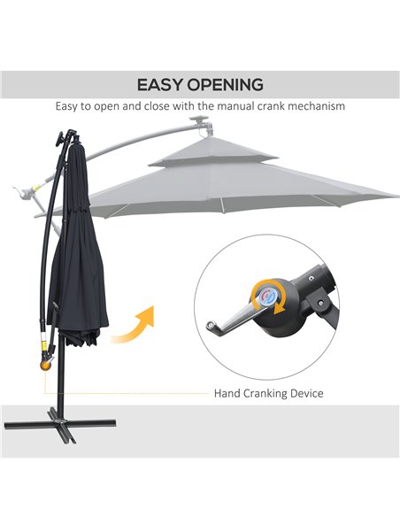 Outsunny 3(m) Cantilever Banana Parasol Hanging Umbrella with Double Roof, LED Solar lights, Crank, 8 Sturdy Ribs and Cross Base - pic 50222 | FastDaddyshop