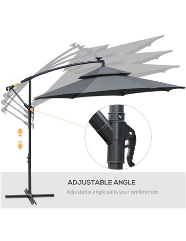 Outsunny 3(m) Cantilever Banana Parasol Hanging Umbrella with Double Roof, LED Solar lights, Crank, 8 Sturdy Ribs and Cross Base