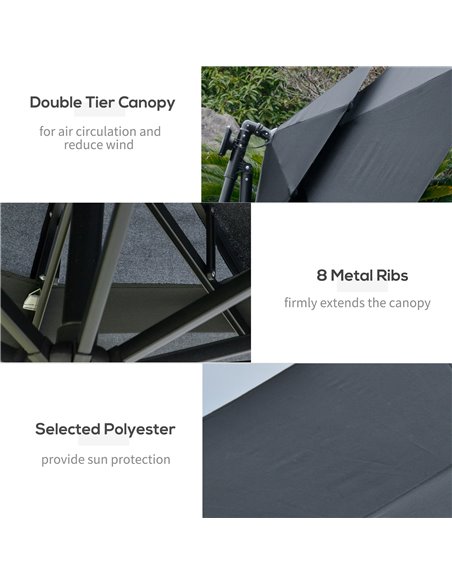 Outsunny 3(m) Cantilever Banana Parasol Hanging Umbrella with Double Roof, LED Solar lights, Crank, 8 Sturdy Ribs and Cross Base - pic 50224 | FastDaddyshop
