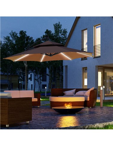 Outsunny 3(m) Cantilever Parasol Banana Hanging Umbrella with Double Roof, LED Solar lights, Crank, 8 Sturdy Ribs and Cross Base