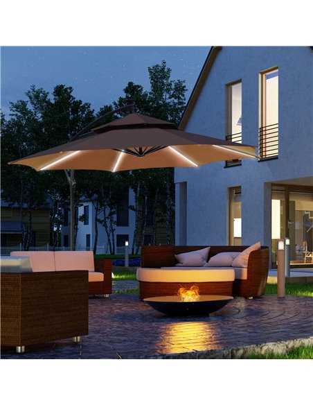 Outsunny 3(m) Cantilever Parasol Banana Hanging Umbrella with Double Roof, LED Solar lights, Crank, 8 Sturdy Ribs and Cross Base - pic 50228 | FastDaddyshop
