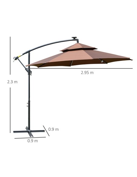 Outsunny 3(m) Cantilever Parasol Banana Hanging Umbrella with Double Roof, LED Solar lights, Crank, 8 Sturdy Ribs and Cross Base - pic 50229 | FastDaddyshop