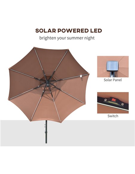 Outsunny 3(m) Cantilever Parasol Banana Hanging Umbrella with Double Roof, LED Solar lights, Crank, 8 Sturdy Ribs and Cross Base - pic 50230 | FastDaddyshop