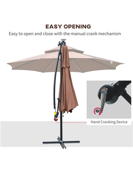 Outsunny 3(m) Cantilever Parasol Banana Hanging Umbrella with Double Roof, LED Solar lights, Crank, 8 Sturdy Ribs and Cross Base - pic 50231 | FastDaddyshop