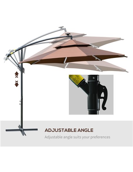 Outsunny 3(m) Cantilever Parasol Banana Hanging Umbrella with Double Roof, LED Solar lights, Crank, 8 Sturdy Ribs and Cross Base - pic 50232 | FastDaddyshop