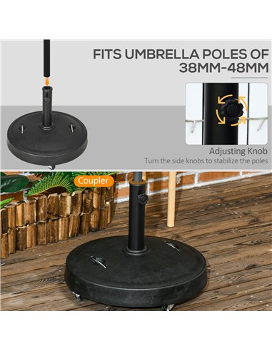 Outsunny Resin Garden Parasol Base with Wheels and Retractable Handles, Round Outdoor Market Umbrella Stand Weight for Poles of 