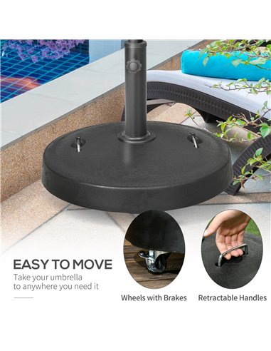 Outsunny Resin Garden Parasol Base with Wheels and Retractable Handles, Round Outdoor Market Umbrella Stand Weight for Poles of 