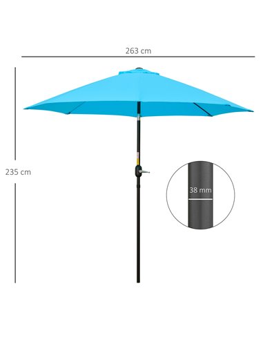 Outsunny 2.6M Patio Parasol Sun Umbrella, Tilt Shade Shelter Canopy with Crank 8 Ribs Aluminium Frame, Blue 84D-023V00BU