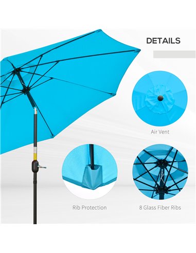Outsunny 2.6M Patio Parasol Sun Umbrella, Tilt Shade Shelter Canopy with Crank 8 Ribs Aluminium Frame, Blue 84D-023V00BU