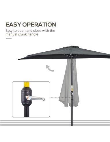 Outsunny 3(m) Half Parasol Semi Round Umbrella Patio Metal Frame Crank Handle for Balcony-- NO BASE INCLUDED, Black 84D-008V00BK
